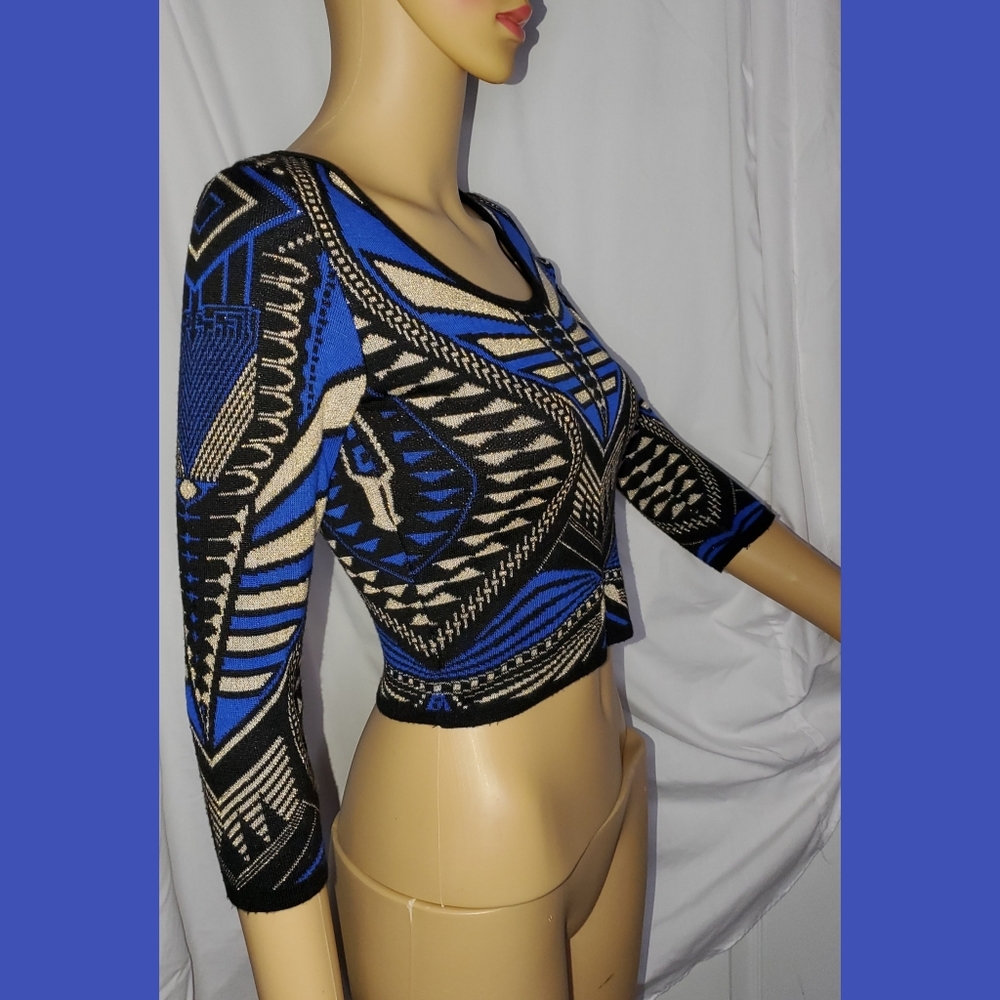 HERA COLLECTION Gorgeous Blue & Metallic Gold Sweater Size Small